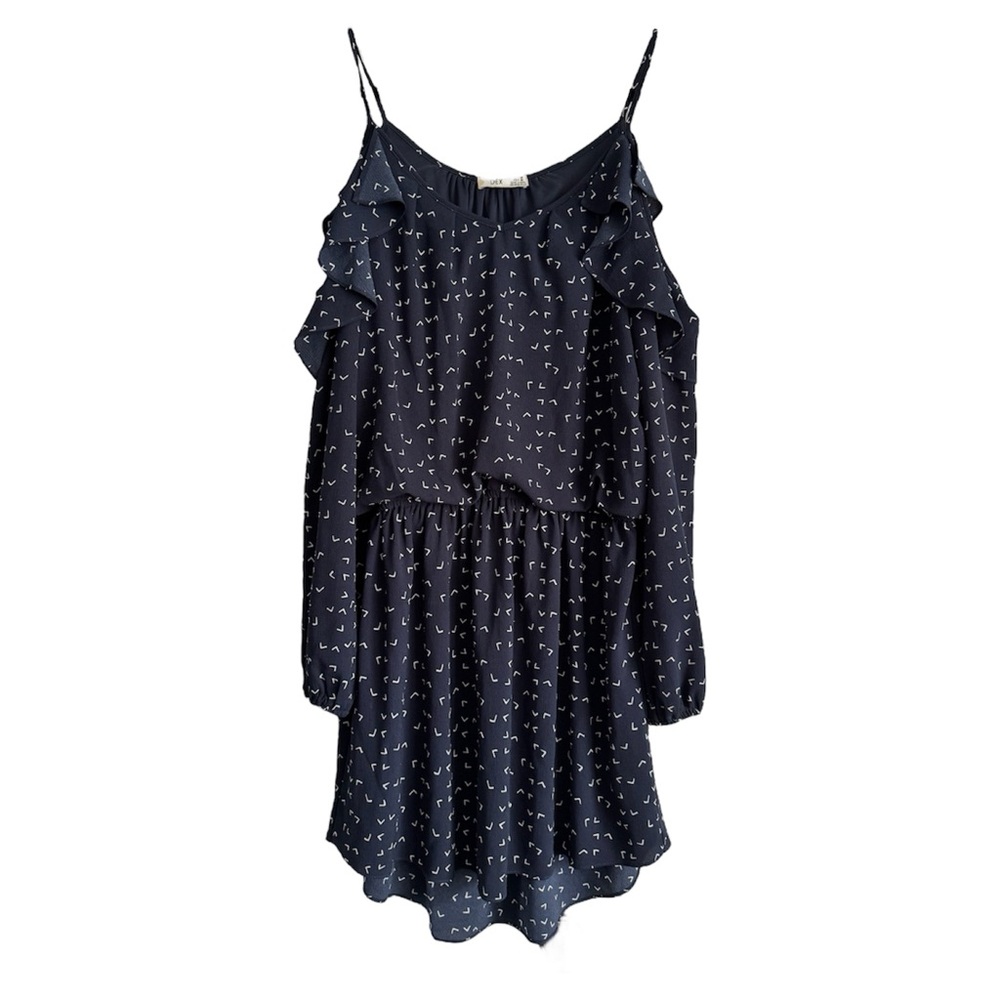Dex Navy Cold Shoulder Mini Dress with White Geometric Accent Print